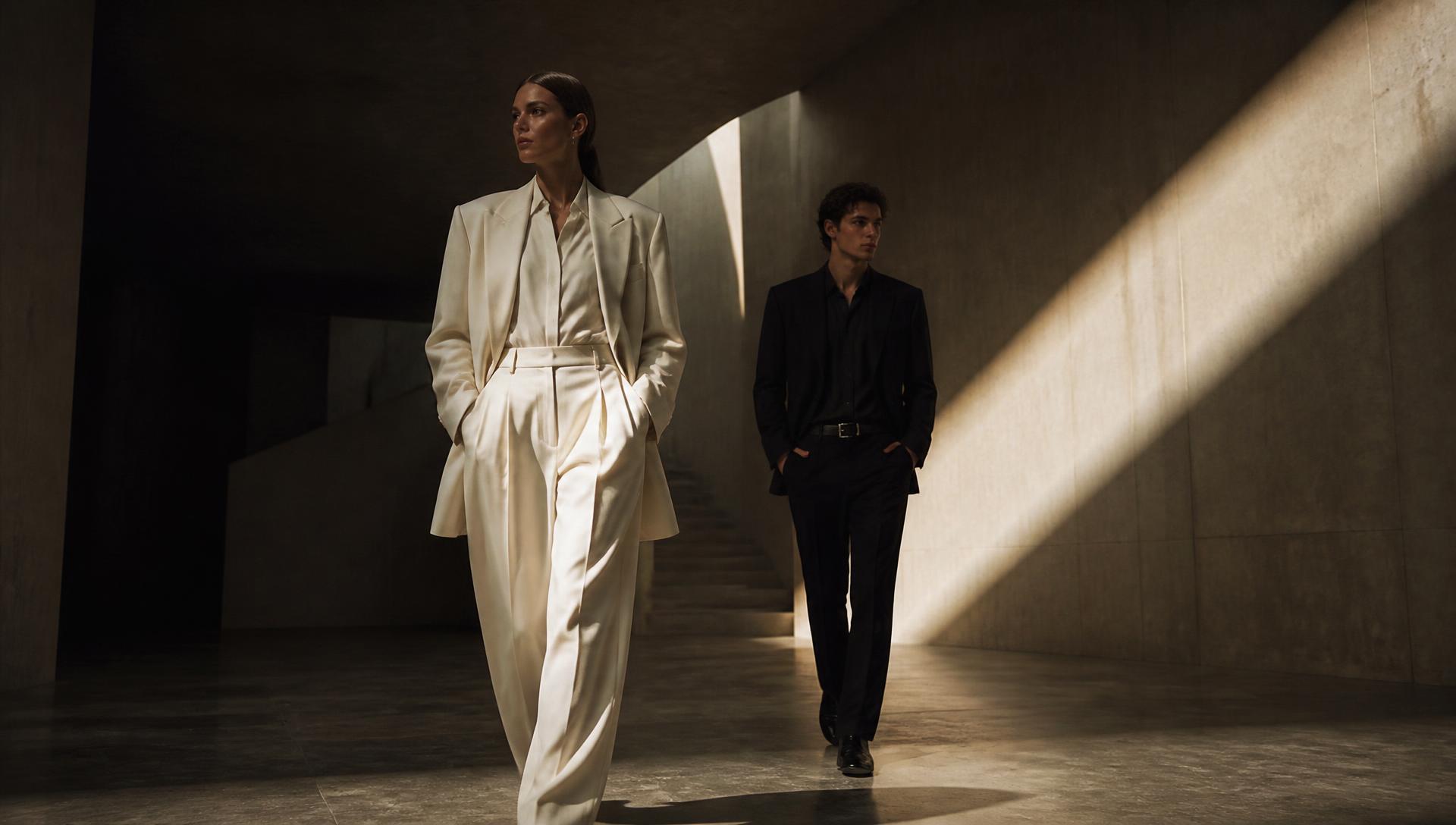 ÉLANE campaign — two looks in a concrete gallery