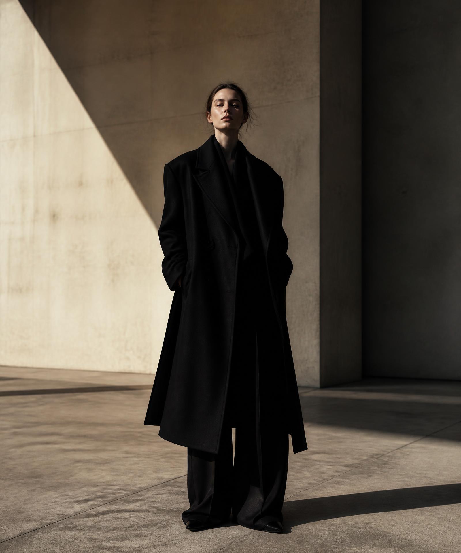 ÉLANE Collection 01 campaign — black tailored coat in a concrete space